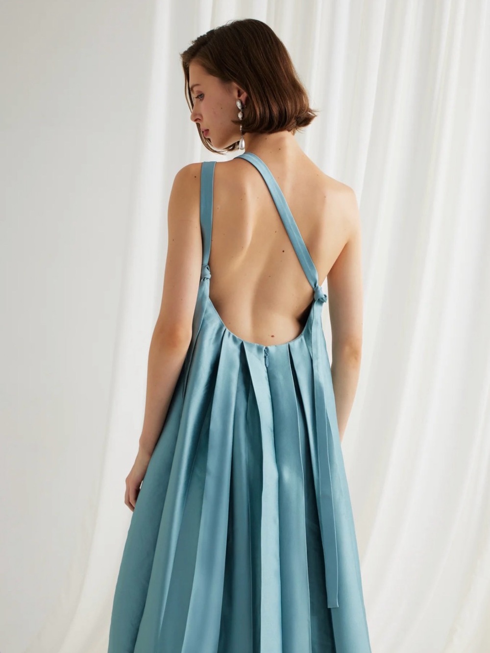 NWT Maison Armory One-Shoulder Maxi Dress, “On A Stroll” Gown in Dusty Blue - Picture 6 of 7